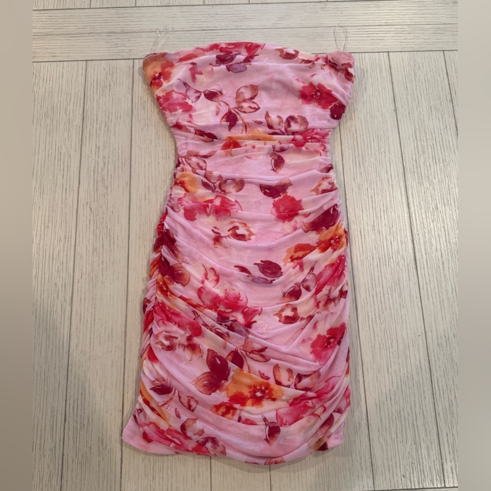 Pink Floral Strapless Dress Size Small